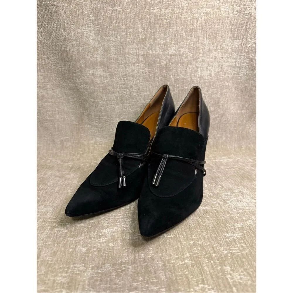 H by Halston Women's Suede Leather Pointed Toe Estelle Heeled Pumps Black Sz 10